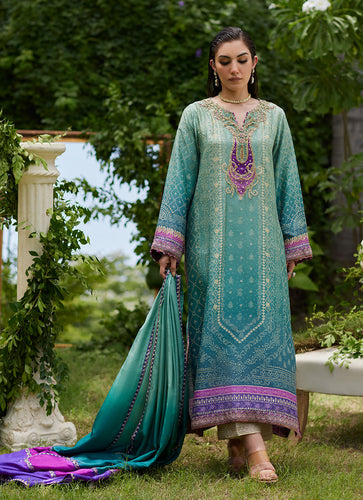 FARAH TALIB AZIZ - Leisha Teal Ombre Shirt And Dupatta (3PC)