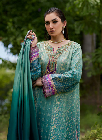 FARAH TALIB AZIZ - Leisha Teal Ombre Shirt And Dupatta (3PC)