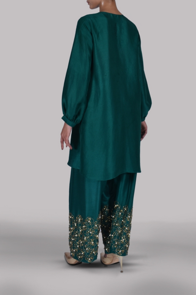 Galapagos Green Embellished Raw Silk Set