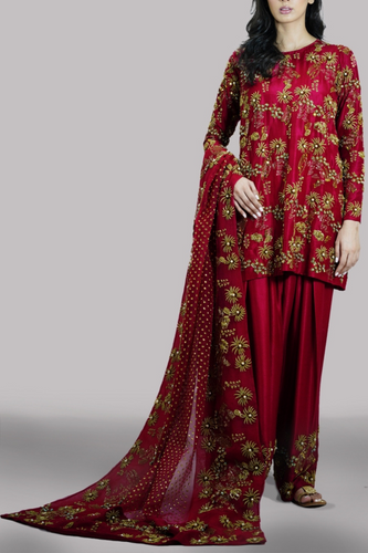 Tango Red Embellished Raw Silk Set*