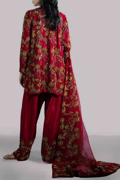 Tango Red Embellished Raw Silk Set*
