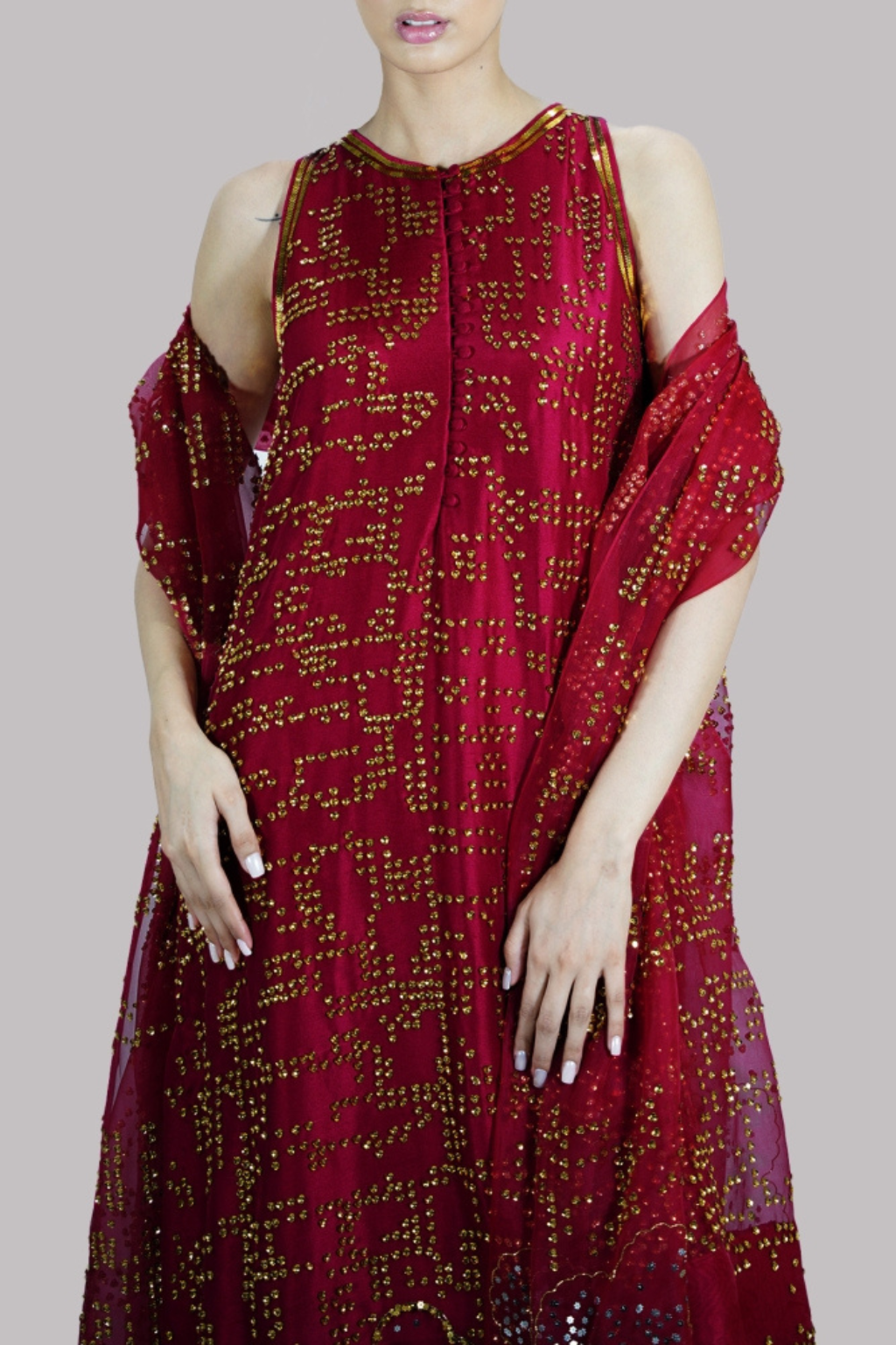 Tango Red Embellished Raw Silk Set - second image