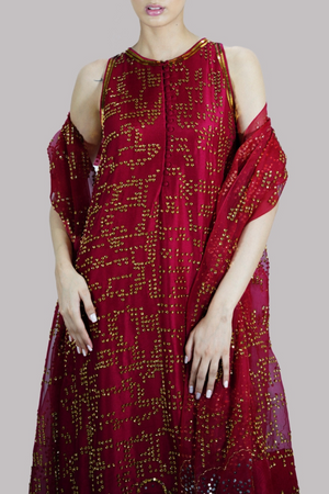 Tango Red Embellished Raw Silk Set