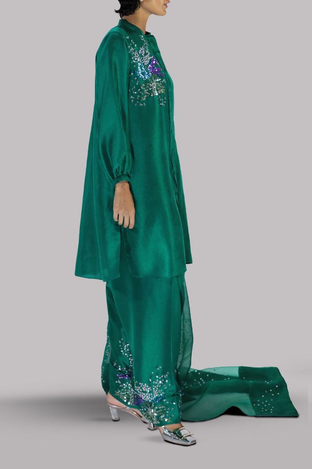 GALAPAGOS GREEN EMBELLISHED RAW SILK SET