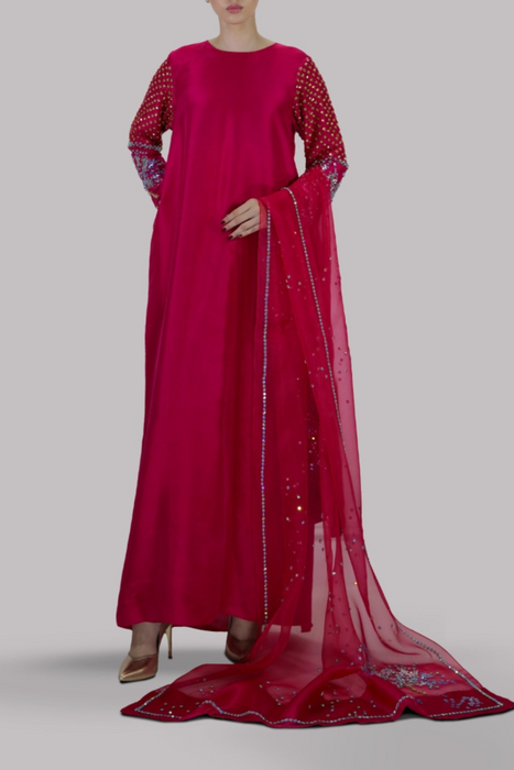 Crimson Embellished Raw Silk Maxi Set