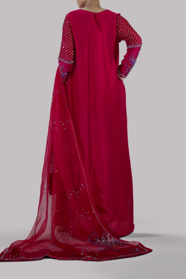 Crimson Embellished Raw Silk Maxi Set