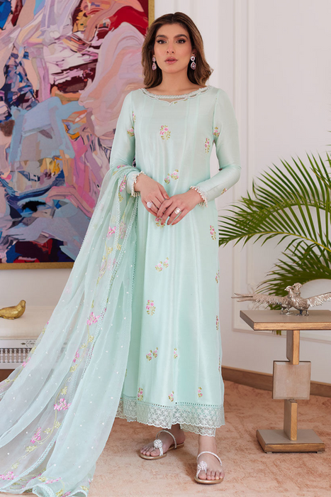 FARAH TALIB AZIZ LUXE PRET'24- ELYSSIA MINT EMBROIDERED RAW SILK KALIDAR WITH DUPATTA, & PANT (3PC)