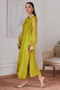 FARAH TALIB AZIZ LUXE PRET'24- FAUSTINE KIWI EMBROIDERED RAW SILK SHIRT, PANT & DUPATTA (3pc)