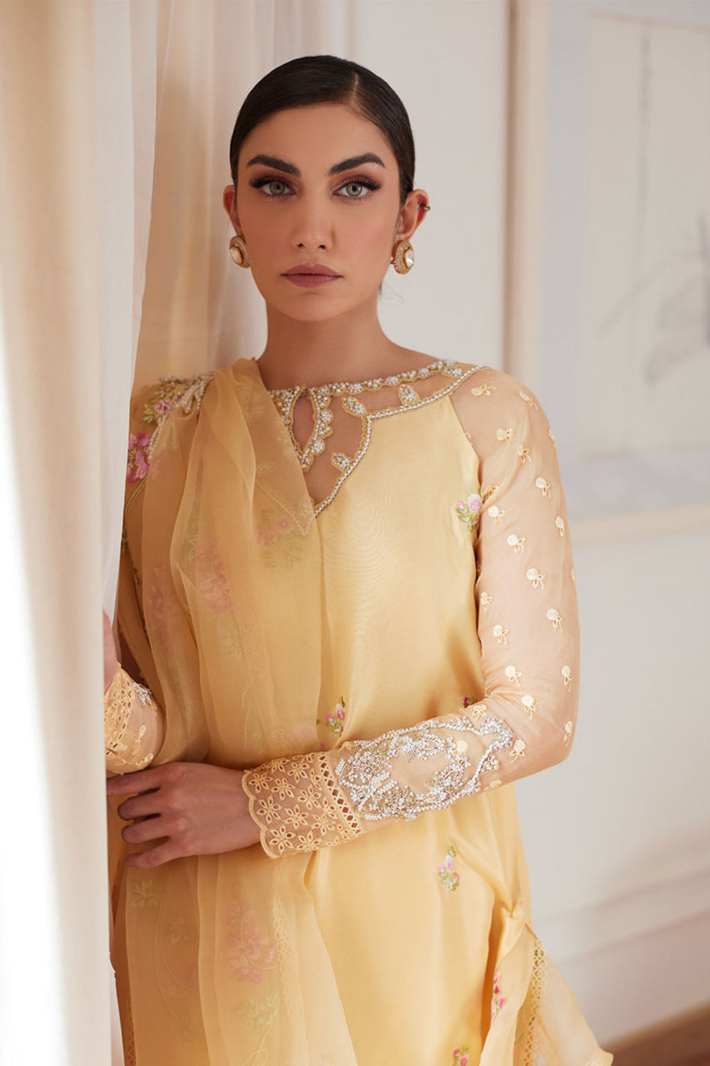 LUXE PRET'24- CYRILLA PALE YELLOW EMBROIDERED RAW SILK SHIRT WITH DRAPED DUPATTA & PANT (3PC) - second image
