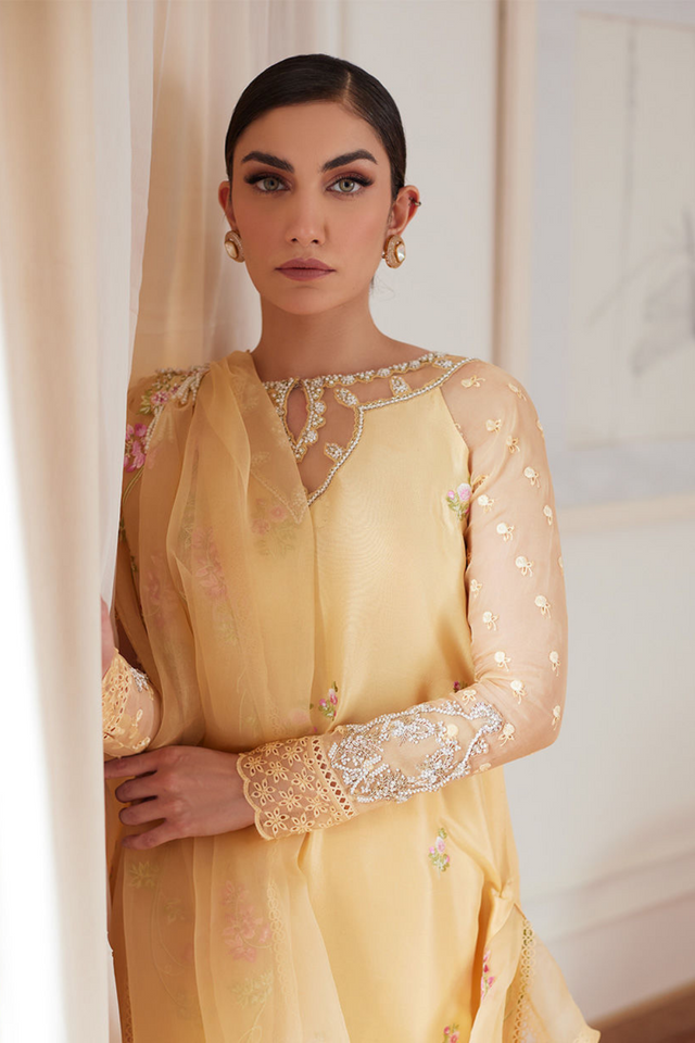 FARAH TALIB AZIZ LUXE PRET'24- CYRILLA PALE YELLOW EMBROIDERED RAW SILK SHIRT WITH DRAPED DUPATTA & PANT (3PC)