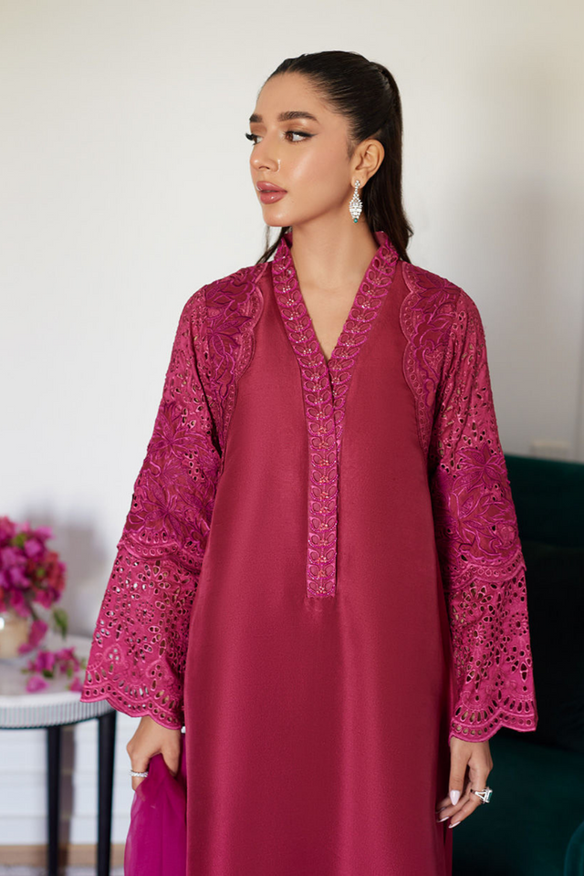 FARAH TALIB AZIZ LUXE PRET'24- HONORINE MAGENTA EMBROIDERED RAW SILK SHIRT WITH DUPATTA & PANT (3pc)