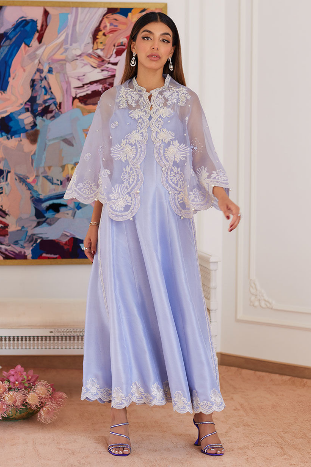 LUXE PRET'24- FLEUR LAVENDER EMBROIDERED RAW SILK SHIRT WITH CAPE, PANT & DUPATTA (3pc) - second image