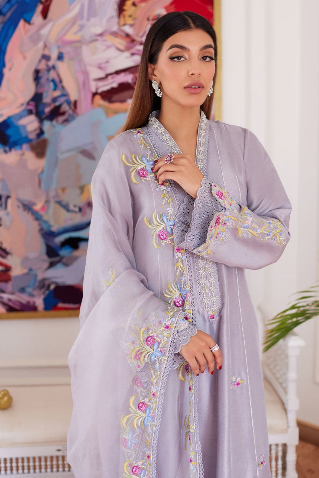 LUXE PRET'24- ODETTE SILVER GREY EMBROIDERED RAW SILK KALIDAR WITH DUPATTA, & PANT (3pc) - second image