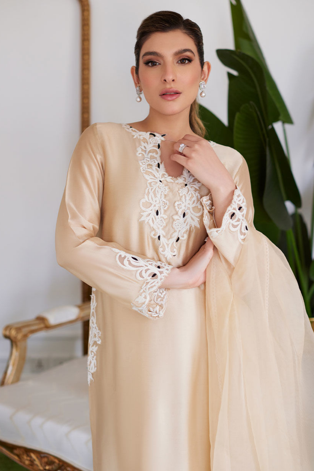 LUXE PRET'24- MELVINA CHAMPAGNE BEIGE EMBROIDERED SHISHA SILK SHIRT WITH DUPATTA, & PANT - second image