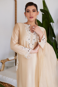 FARAH TALIB AZIZ LUXE PRET'24- MELVINA CHAMPAGNE BEIGE EMBROIDERED SHISHA SILK SHIRT WITH DUPATTA, & PANT