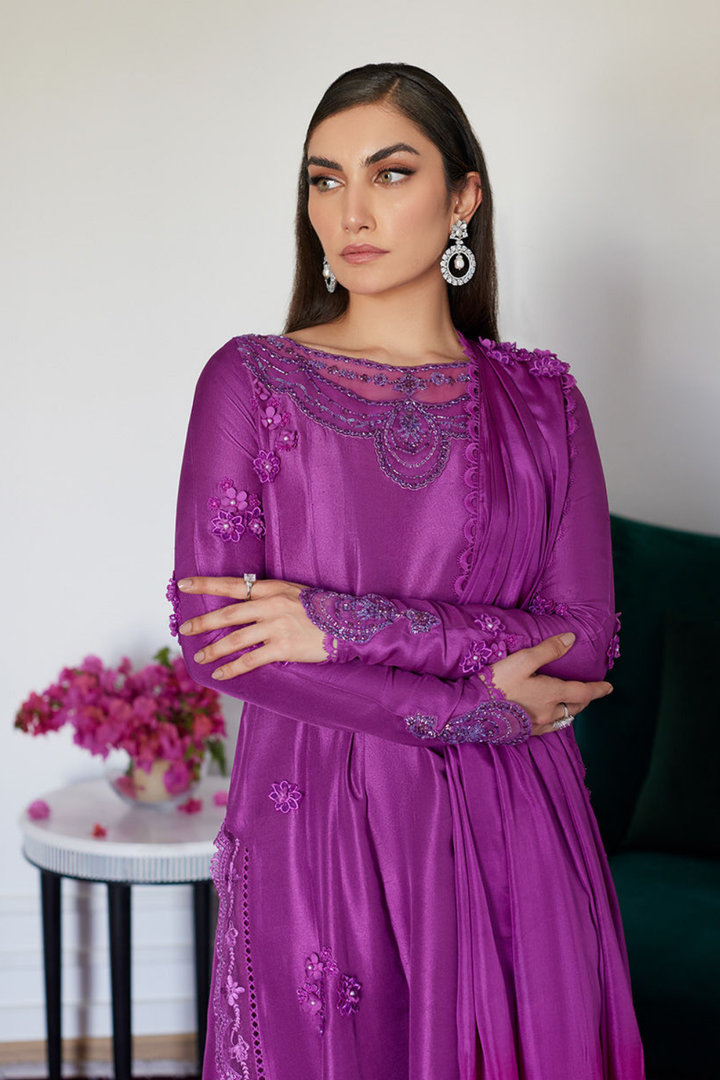 LUXE PRET'24- TIERRA MUTED MAGENTA EMBROIDERED RAW SILK KALIDAR WITH DUPATTA, & PANT - second image