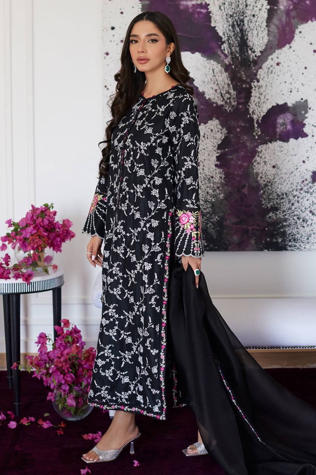 LUXE PRET'24- VITTORIA BLACK EMBROIDERED RAW SILK SHIRT WITH DUPATTA, & PANT (3pc) - second image