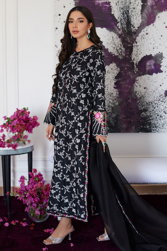 FARAH TALIB AZIZ LUXE PRET'24- VITTORIA BLACK EMBROIDERED RAW SILK SHIRT WITH DUPATTA, & PANT (3pc)