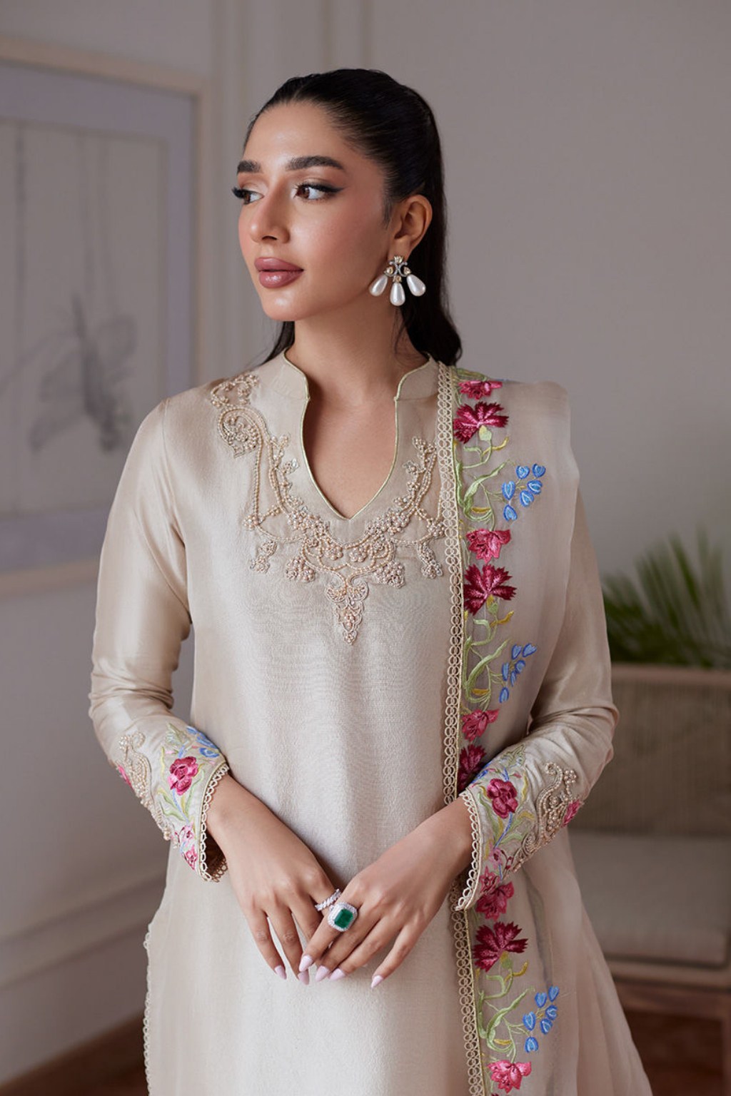 LUXE PRET'24- LIARA SAND EMBROIDERED RAWSILK SHIRT AND DUPATTA & PANT (3PC) - second image