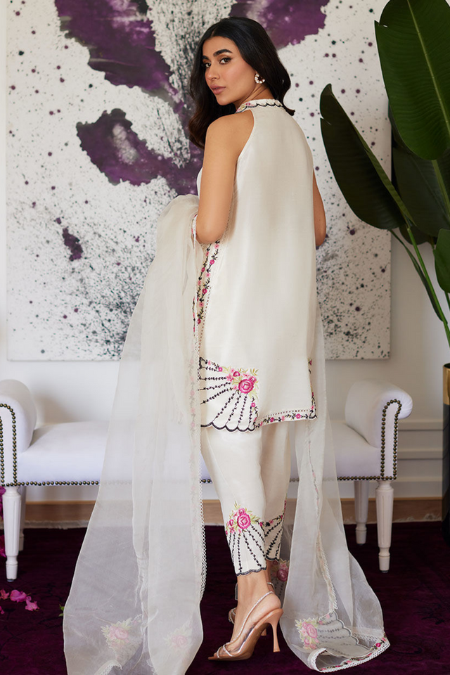 FARAH TALIB AZIZ LUXE PRET'24- GENEVIVE PEARL WHITE EMBROIDERED RAW SILK SHIRT WITH DUPATTA & PANT (3pc)