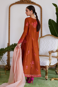 FARAH TALIB AZIZ LUXE PRET'24- SENEERA EMBROIDERED RUST RAW SILK KALIDAAR WITH DUPATTA,PANTS(3pc)