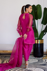 FARAH TALIB AZIZ LUXE PRET'24-ELIO HOT PINK RAW SILK SHIRT WITH DUPATTA, PANTS (3pc)