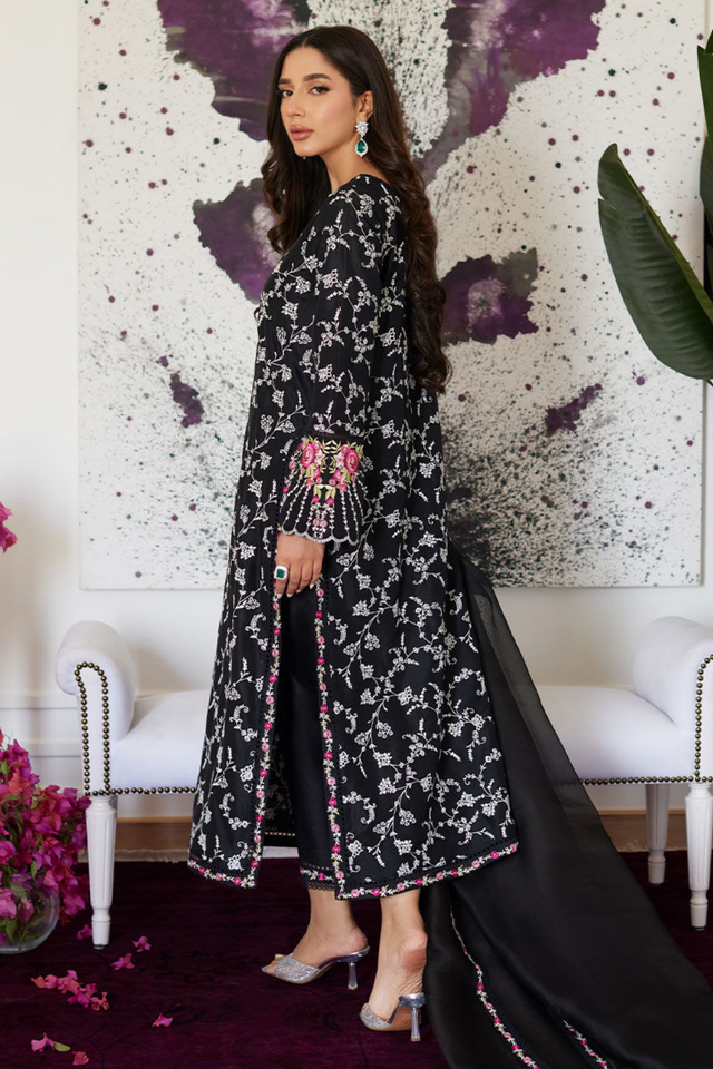 FARAH TALIB AZIZ LUXE PRET'24- VITTORIA BLACK EMBROIDERED RAW SILK SHIRT WITH DUPATTA, & PANT (3pc)