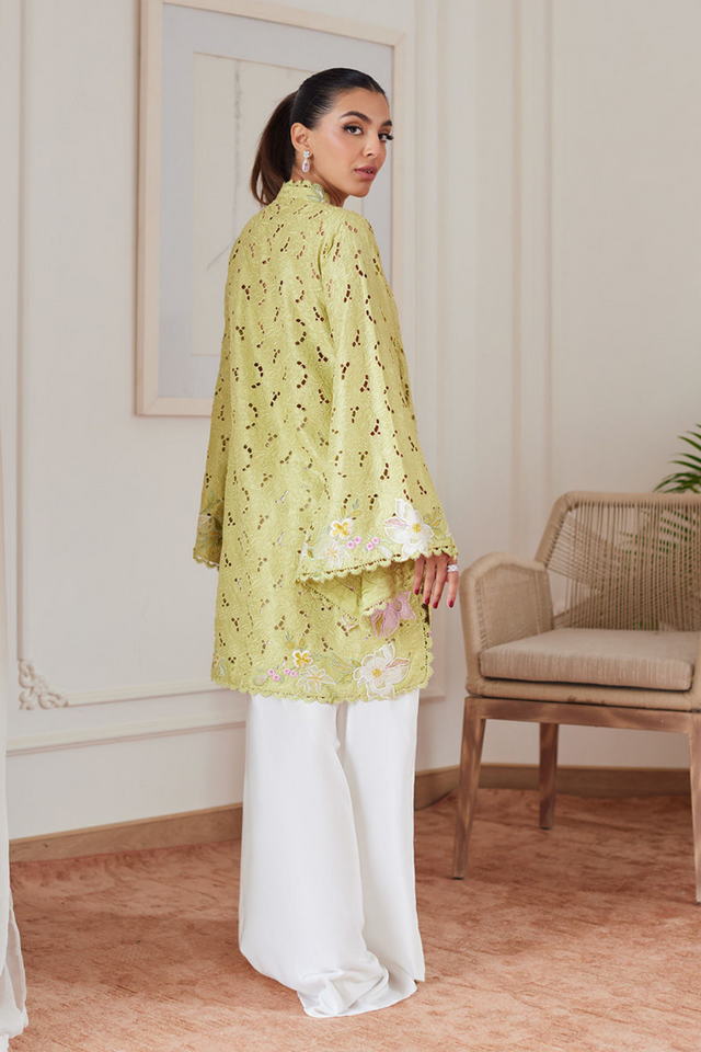 FARAH TALIB AZIZ LUXE PRET'24- ABIGAIL KIWI EMBROIDERED RAW SILK SCHIFFLI KIMONO WRAP, PANT & DUPATTA (3pc)