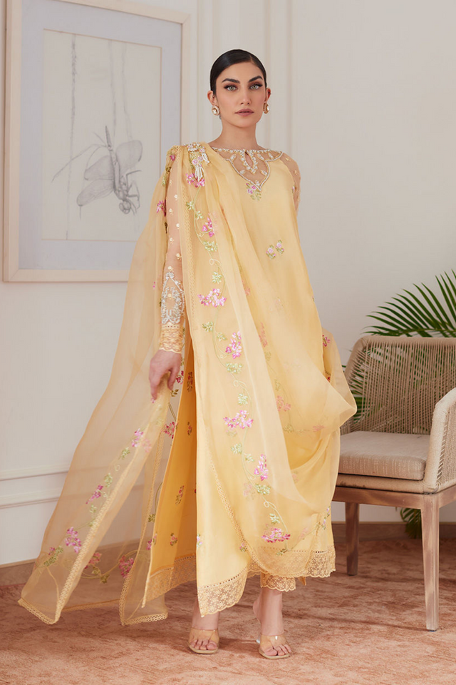 FARAH TALIB AZIZ LUXE PRET'24- CYRILLA PALE YELLOW EMBROIDERED RAW SILK SHIRT WITH DRAPED DUPATTA & PANT (3PC)