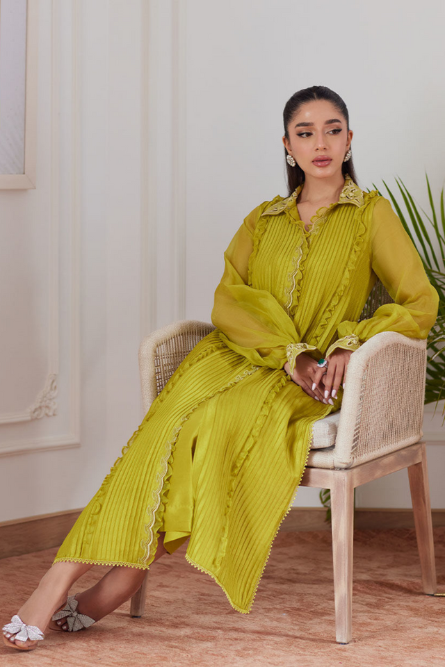 FARAH TALIB AZIZ LUXE PRET'24- FAUSTINE KIWI EMBROIDERED RAW SILK SHIRT, PANT & DUPATTA (3pc)