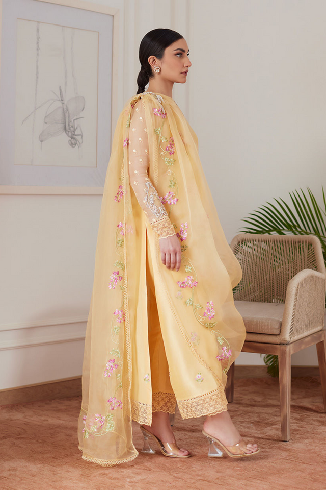 FARAH TALIB AZIZ LUXE PRET'24- CYRILLA PALE YELLOW EMBROIDERED RAW SILK SHIRT WITH DRAPED DUPATTA & PANT (3PC)