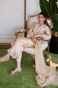 FARAH TALIB AZIZ LUXE PRET'24- MELVINA CHAMPAGNE BEIGE EMBROIDERED SHISHA SILK SHIRT WITH DUPATTA, & PANT