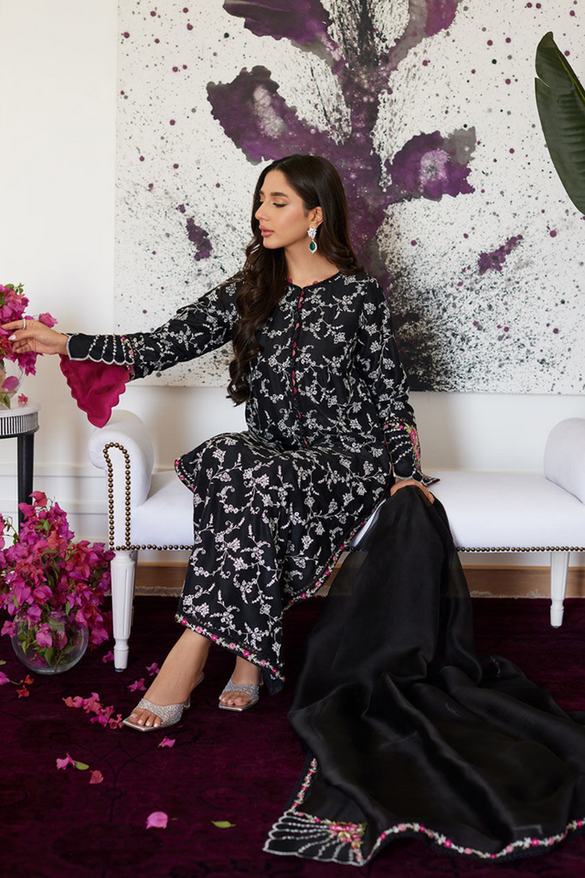 FARAH TALIB AZIZ LUXE PRET'24- VITTORIA BLACK EMBROIDERED RAW SILK SHIRT WITH DUPATTA, & PANT (3pc)