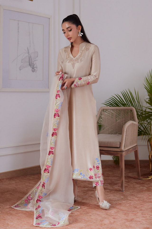 FARAH TALIB AZIZ LUXE PRET'24- LIARA SAND EMBROIDERED RAWSILK SHIRT AND DUPATTA & PANT (3PC)