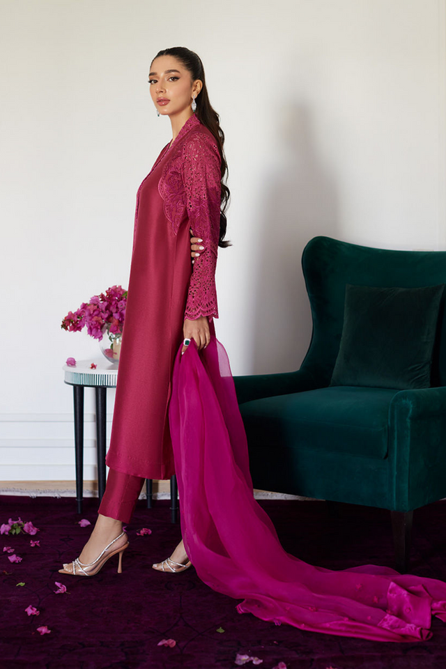 FARAH TALIB AZIZ LUXE PRET'24- HONORINE MAGENTA EMBROIDERED RAW SILK SHIRT WITH DUPATTA & PANT (3pc)