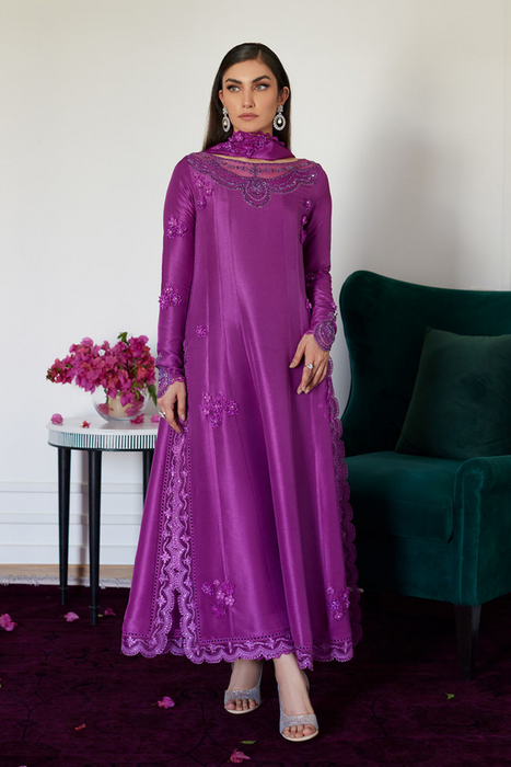 FARAH TALIB AZIZ LUXE PRET'24- TIERRA MUTED MAGENTA EMBROIDERED RAW SILK KALIDAR WITH DUPATTA, & PANT