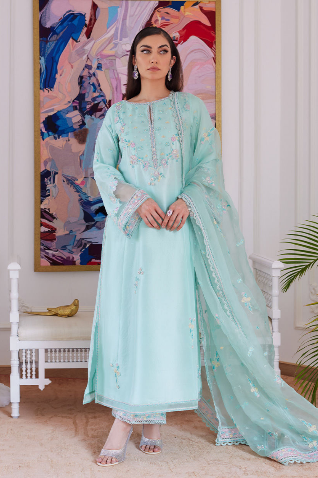 FARAH TALIB AZIZ LUXE PRET'24- AURELLA MINT EMBROIDERED RAW SILK SHIRT WITH DUPATTA, PANT (3pc)