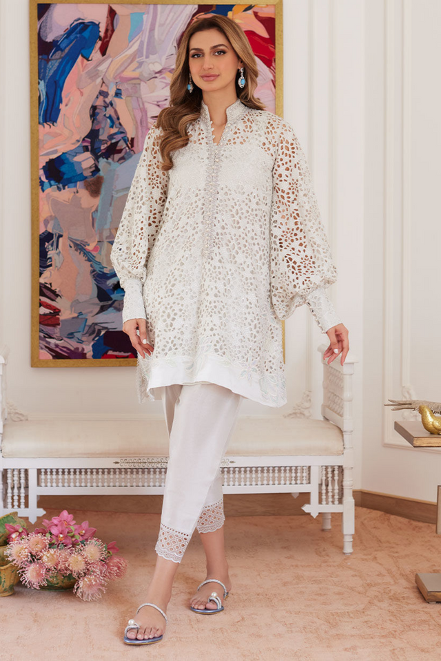 FARAH TALIB AZIZ LUXE PRET'24- OPHELIA IVORY EMBROIDERED SCHIFFLI RAW SILK SHIRT, PANT & DUPATTA (3pc)