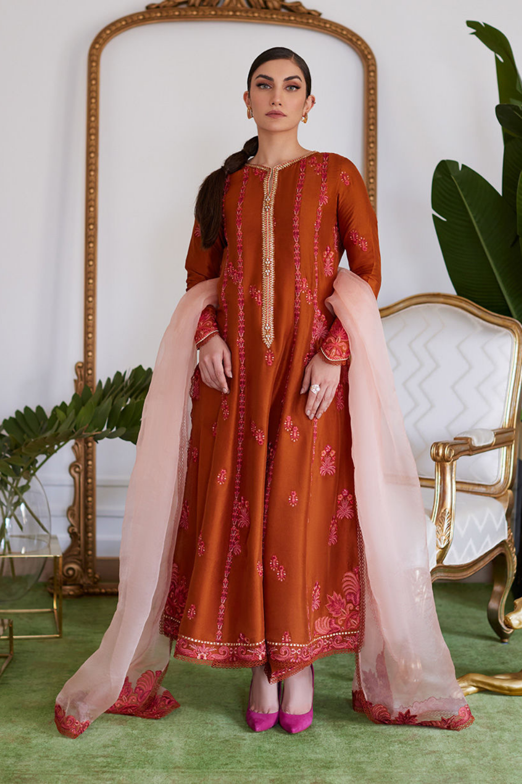 FARAH TALIB AZIZ LUXE PRET'24- SENEERA EMBROIDERED RUST RAW SILK KALIDAAR WITH DUPATTA,PANTS(3pc)