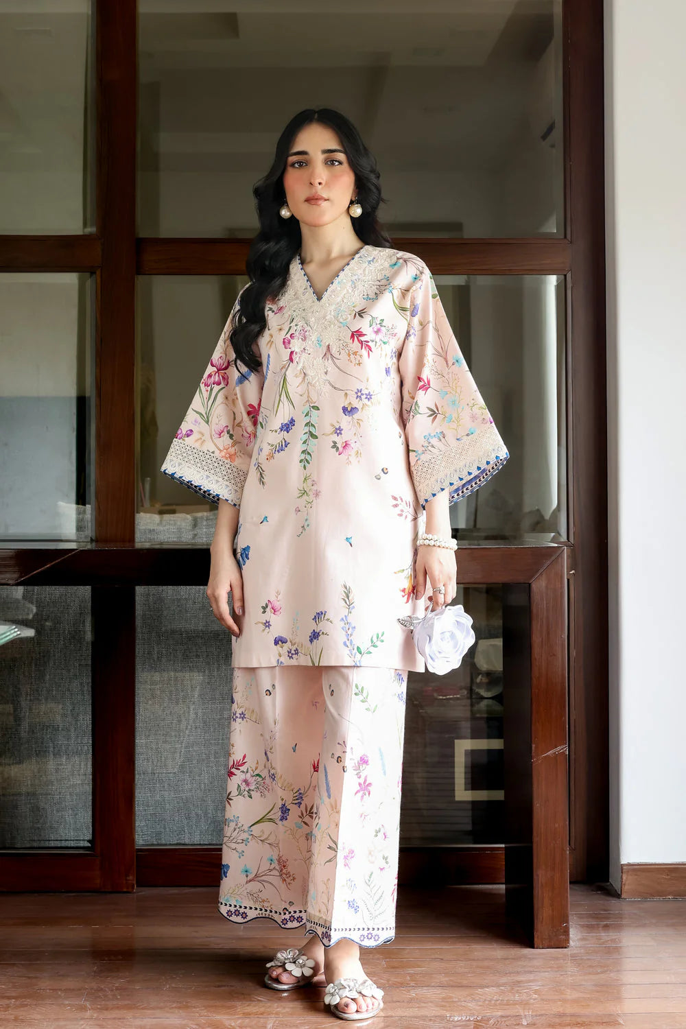 Staycation '25 - BLUSH PINK LILY LUXURY PRINTED & EMBROIDERED 2PCS SET (NPA2-25312)