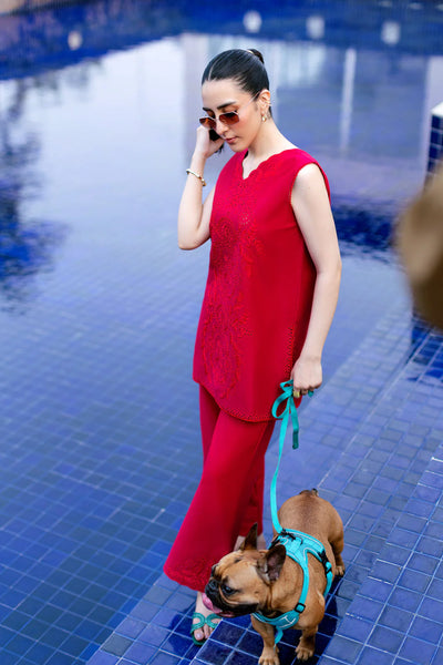 Staycation '25 - RASPBERRY RED LUXURY EMBROIDERED 2PCS SET (NPA2-25301)