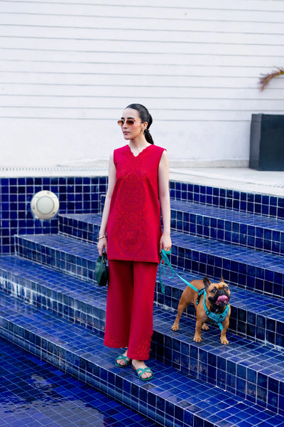 Staycation '25 - RASPBERRY RED LUXURY EMBROIDERED 2PCS SET (NPA2-25301)