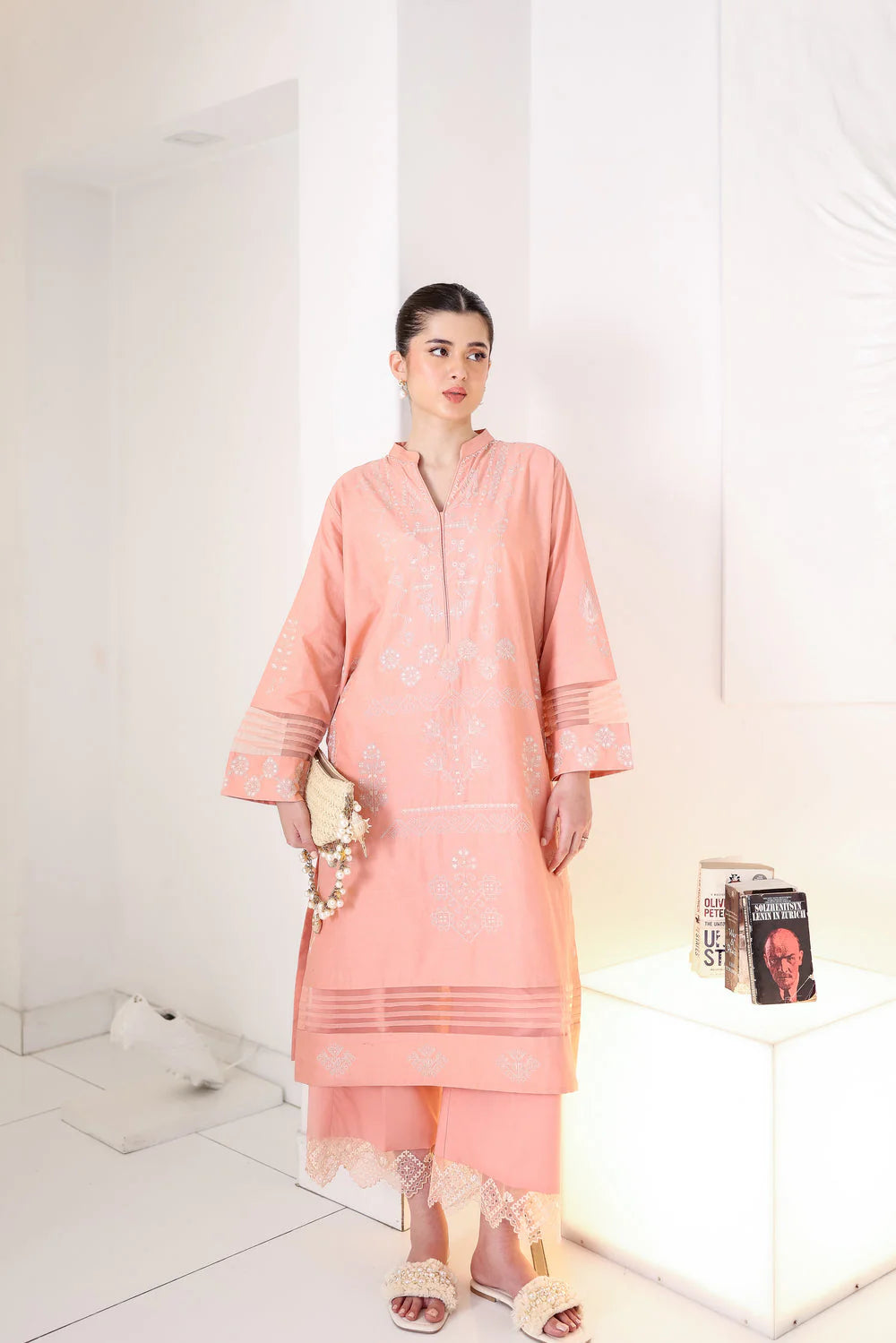 Staycation '25 - PEACHY PINK LUXURY EMBROIDERED 2PCS SET (NPA2-25306)