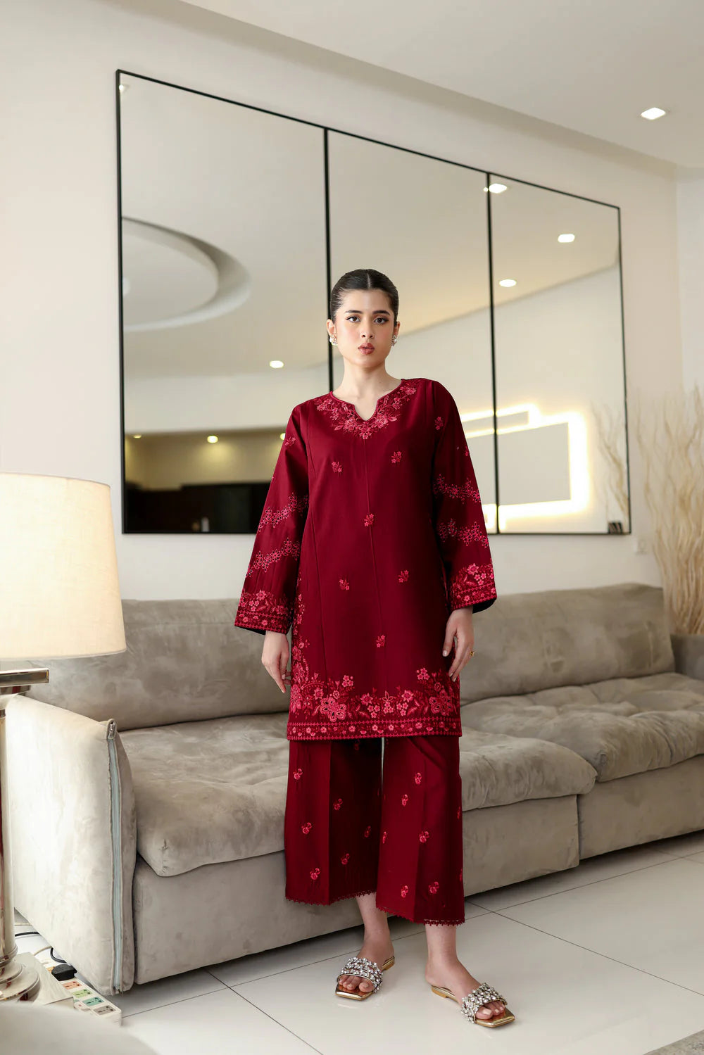Staycation '25 - DEEP MAROON LUXURY EMBROIDERED 2PCS SET (NPA2-25307)