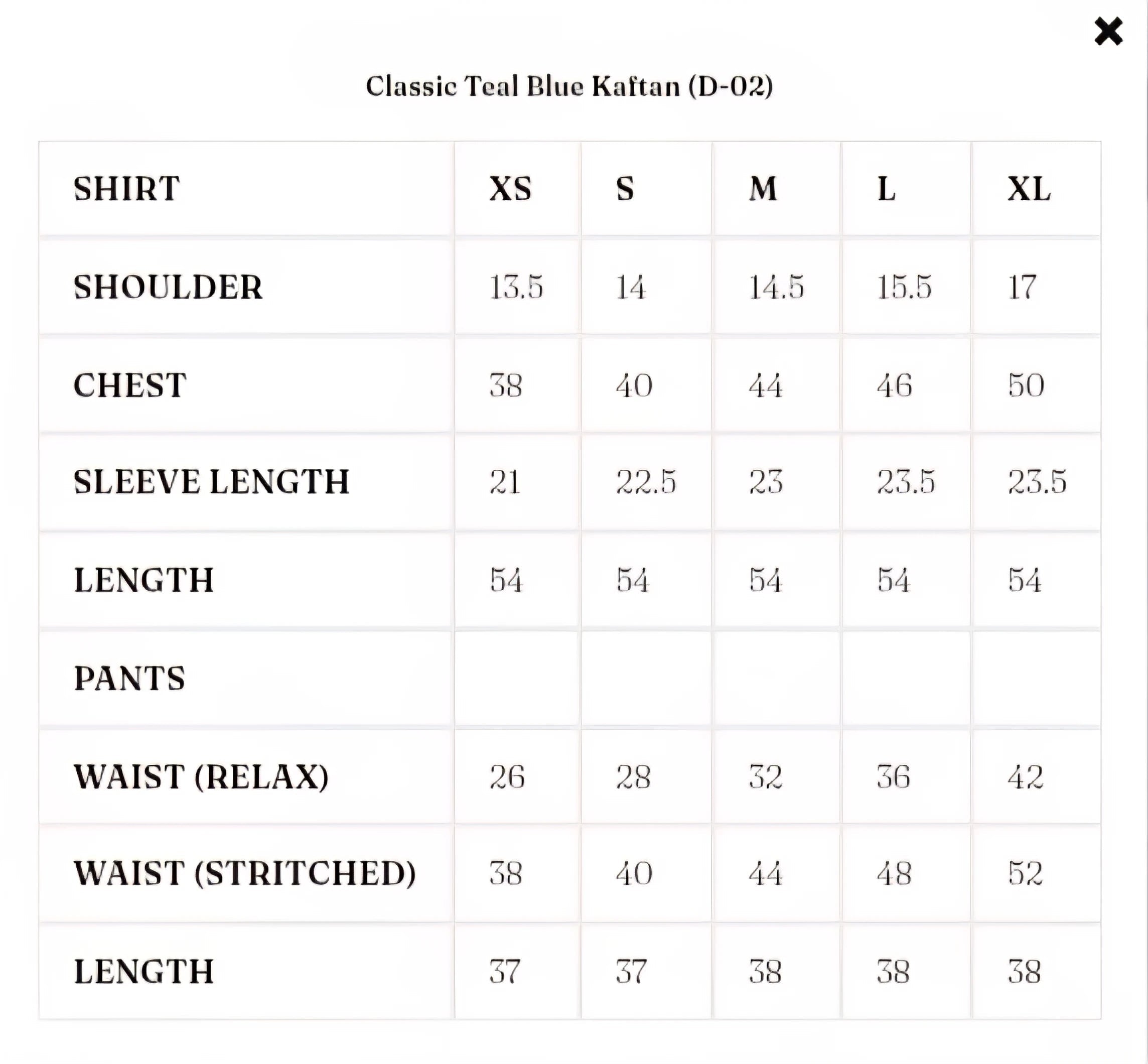 Size Chart for Solenne '25 - Classic Teal Blue Kaftan (D-02)