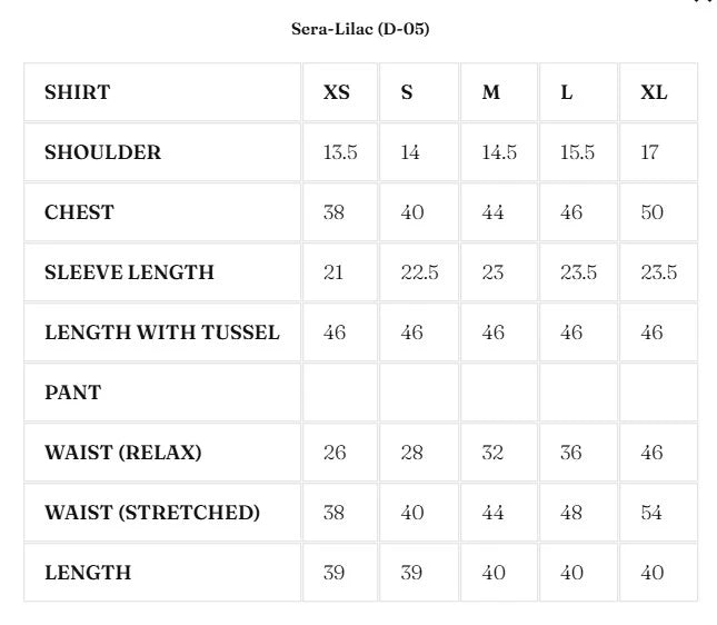 Size Chart for Nurae '26 - Sera-lilac (D-05)