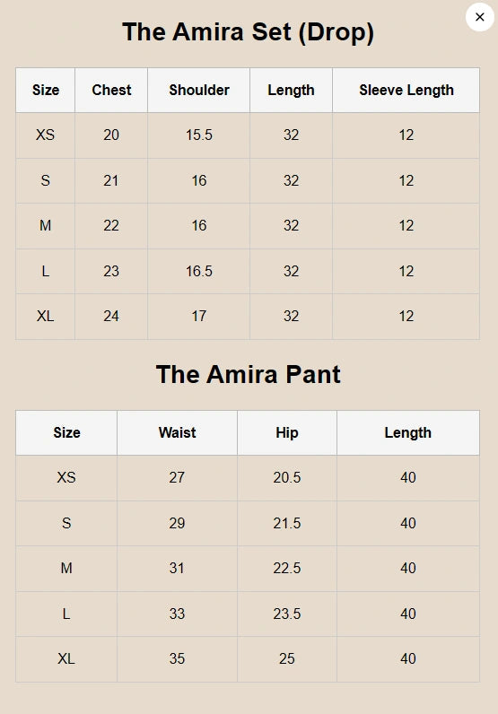 Size Chart for Fall Luxe '25 - The Amira Set