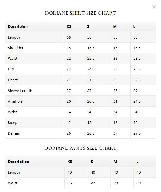 Size Chart for Spring Summer '26 - Doriane