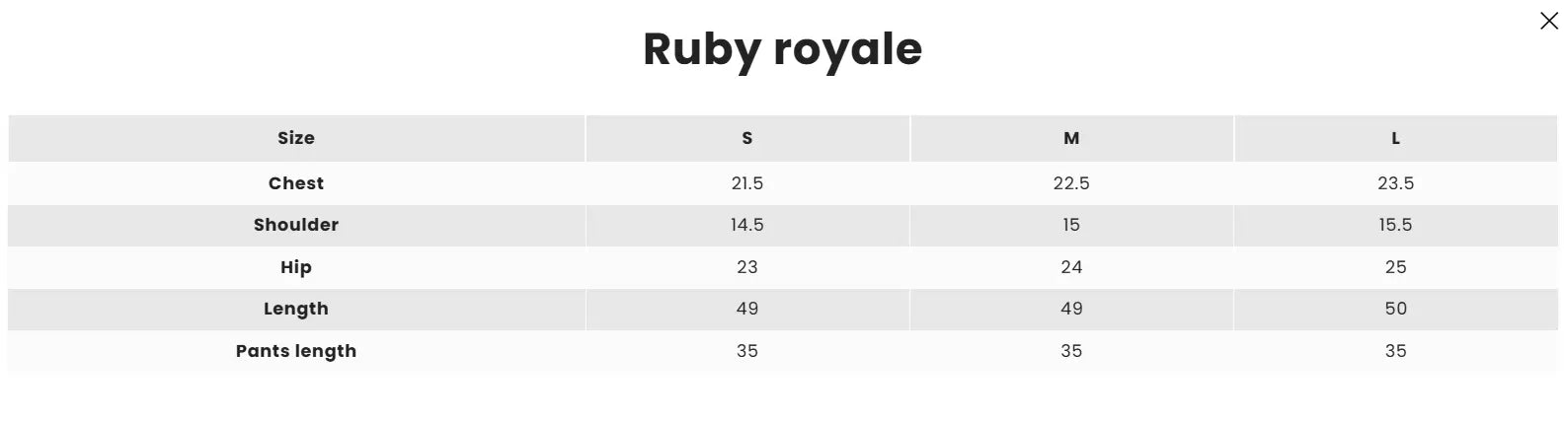 Size Chart for Ramzan Eid 2026 - Ruby Royale