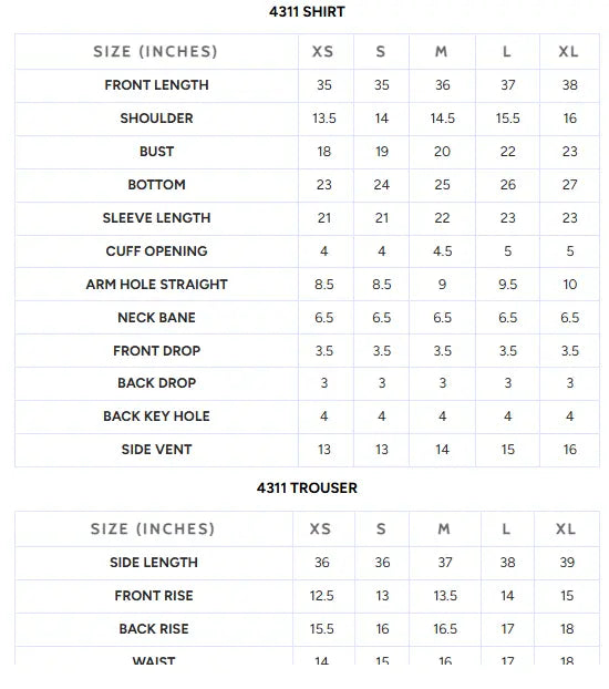Size Chart for Velvet '25 - Embroidered Velvet F-4311